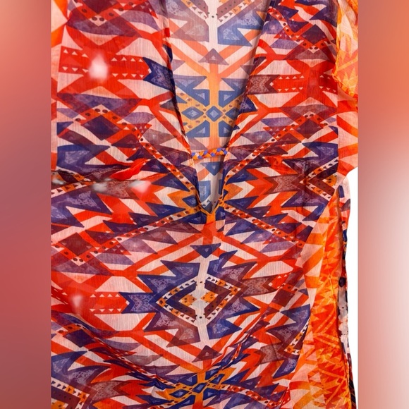 Becca Beach Vacation Swim Cover Up Deep V Neck Semi Sheer Orange Print Size M-L - Picture 5 of 9